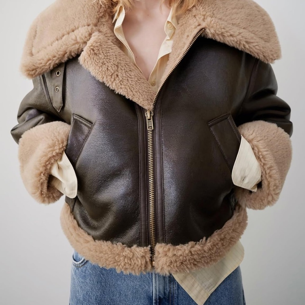 Zara Brown and Tan Shearling Bomber Jacket